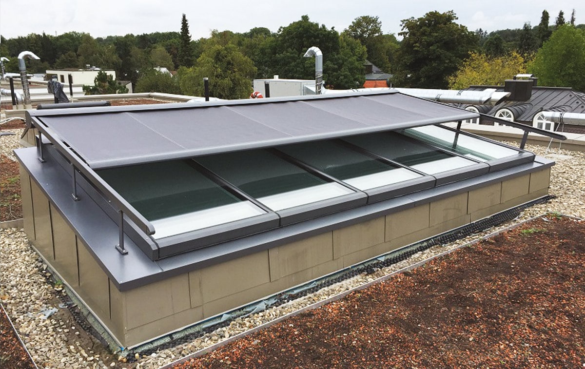 External blind on a monopitch rooflight with four window modules