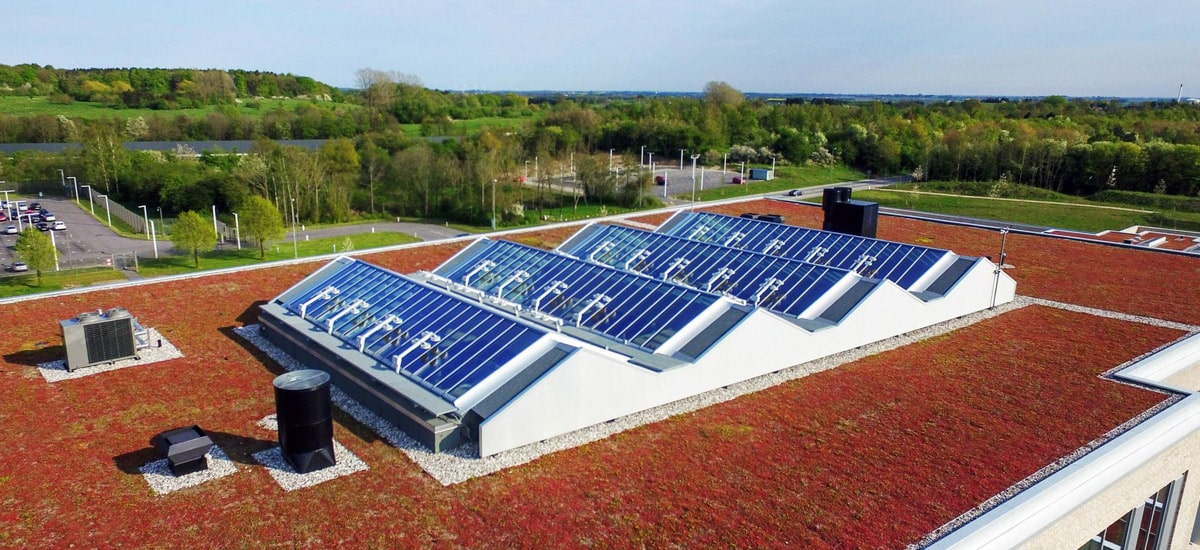 Atrium Dachverglasung auf einem begrünten Industrie-Flachdach