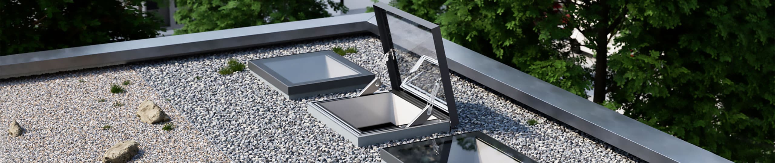SkyVision ACCESS Ausstiegsfenster geöffnet und geschlossen 3D-Visualisierung dreier SkyVision Flachdachfenster mit offenem Ausstiegsfenster ACCESS in der Mitte