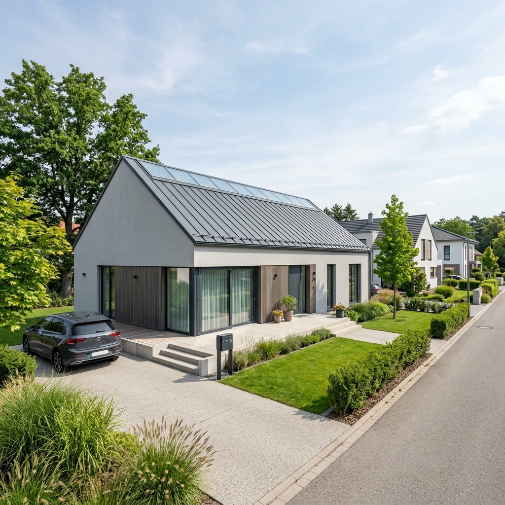 A professional advertising photograph of a modern single-storey house with…