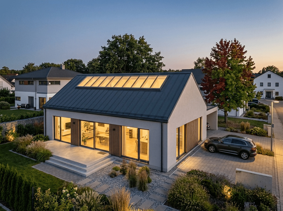 Eingebautes modulares GLASOLUX Lichtband in einem modernen Satteldach bei Abenddaemmerung