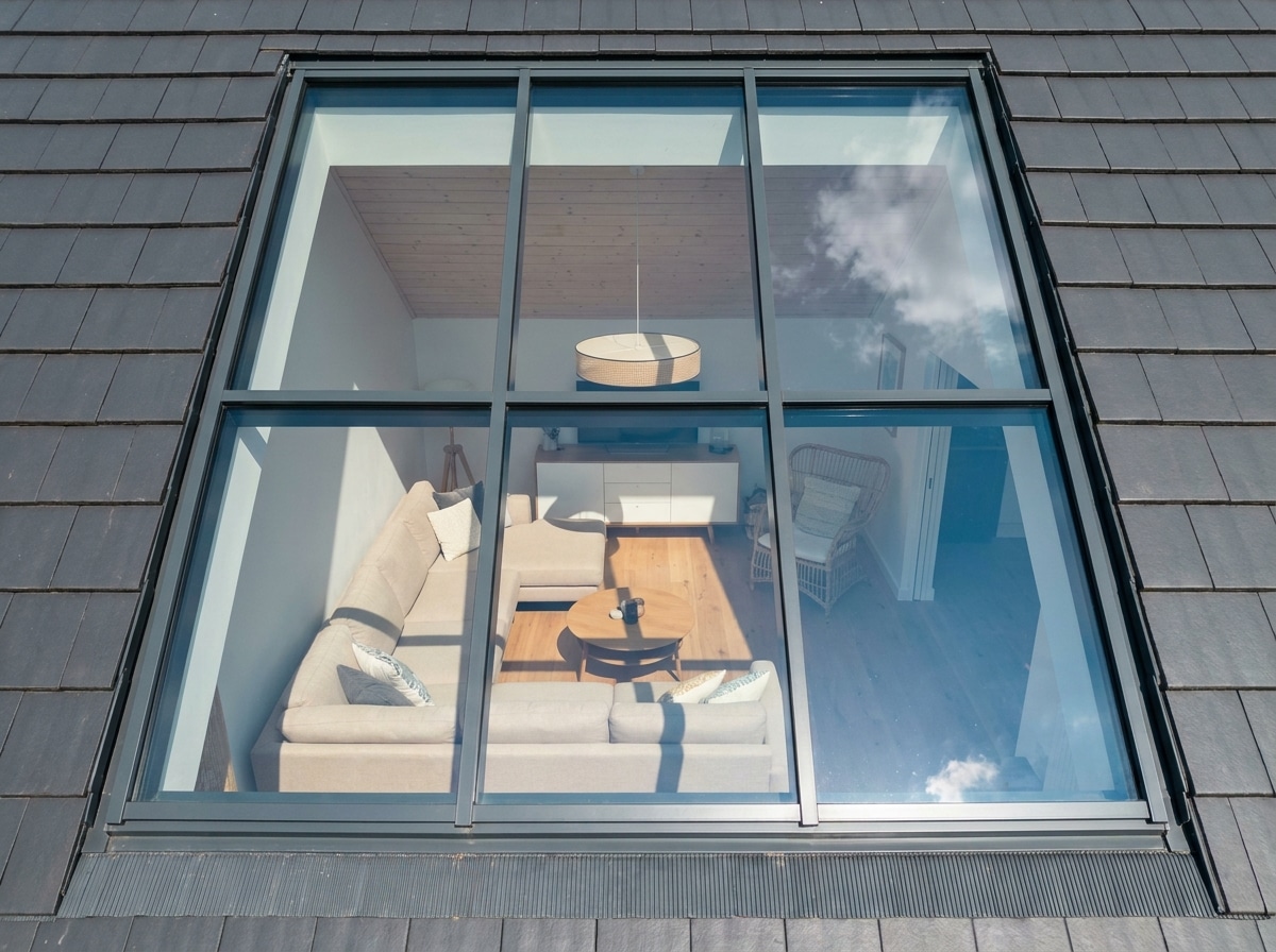 Blick von außen durch ein großes Dachfenster in ein helles Wohnzimmer mit Ecksofa. Im Glas spiegeln sich Wolken.