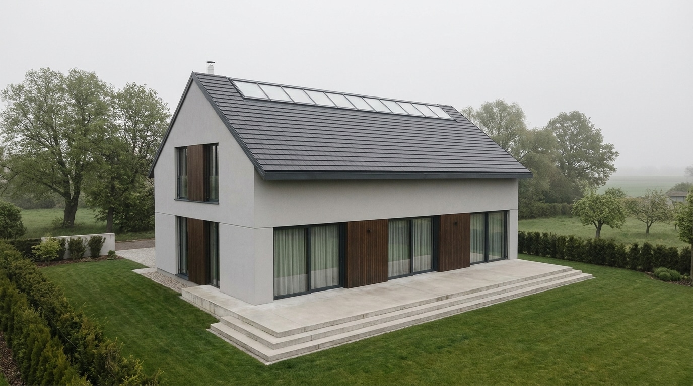 Modernes Zweifamilienhaus mit heller Dachverglasung Zweistöckiges Haus mit heller Putzfassade, Holzfenstern und durchgehendem Glasdach im First, eingebettet in grüne Umgebung.